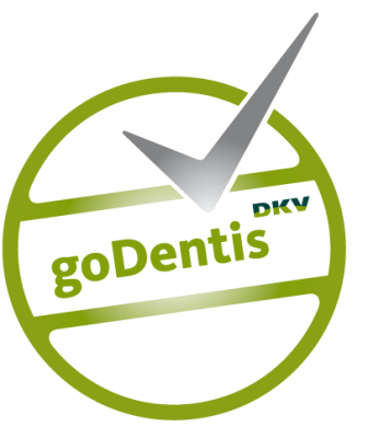 Go dentis Logo: Ein Grüner Kreis mit Schriftzug und DkV logo attestiert der Praxis eine herausragende Prophylaxe